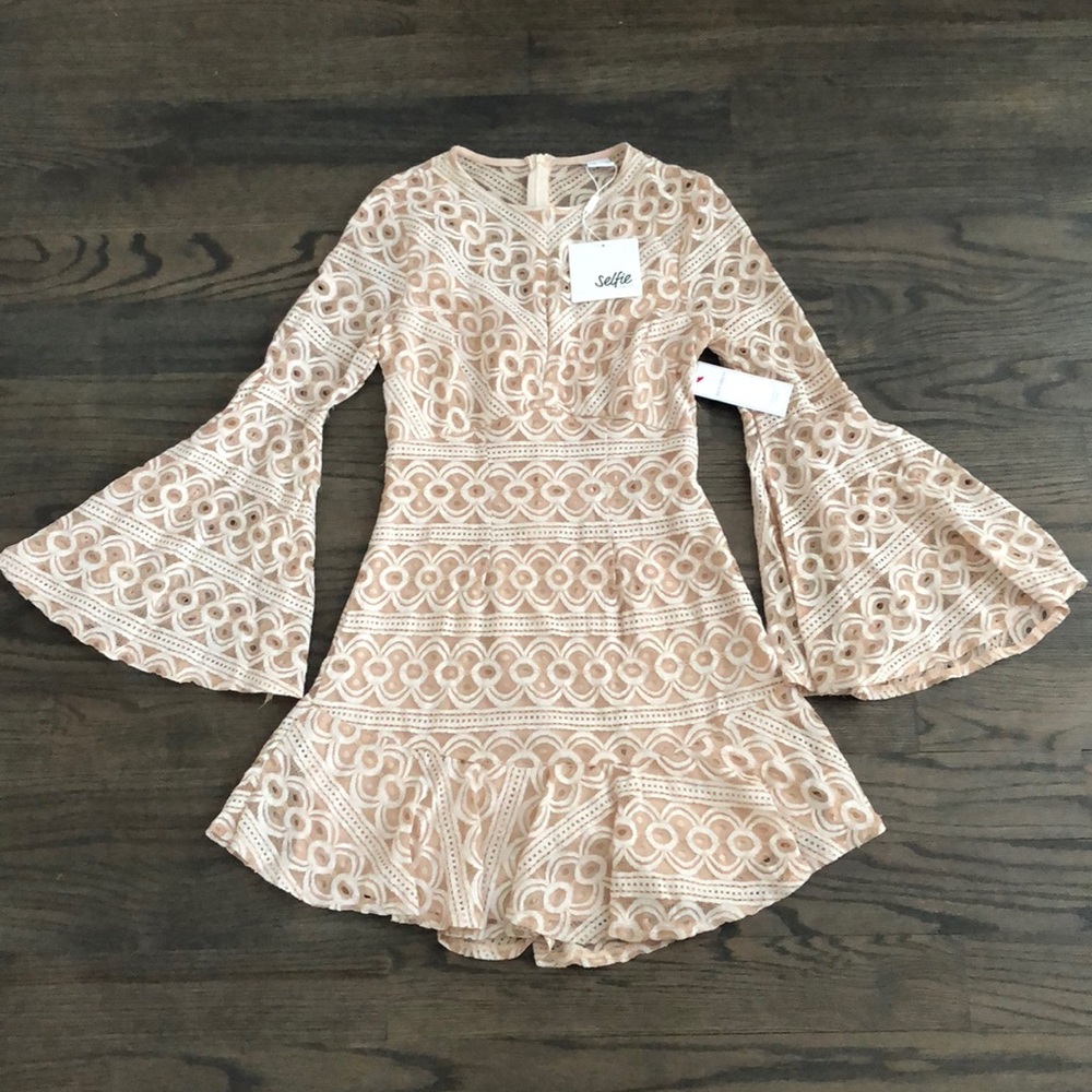 Selfie Leslie Lace Bell Sleeve Nude Ruffle Dress